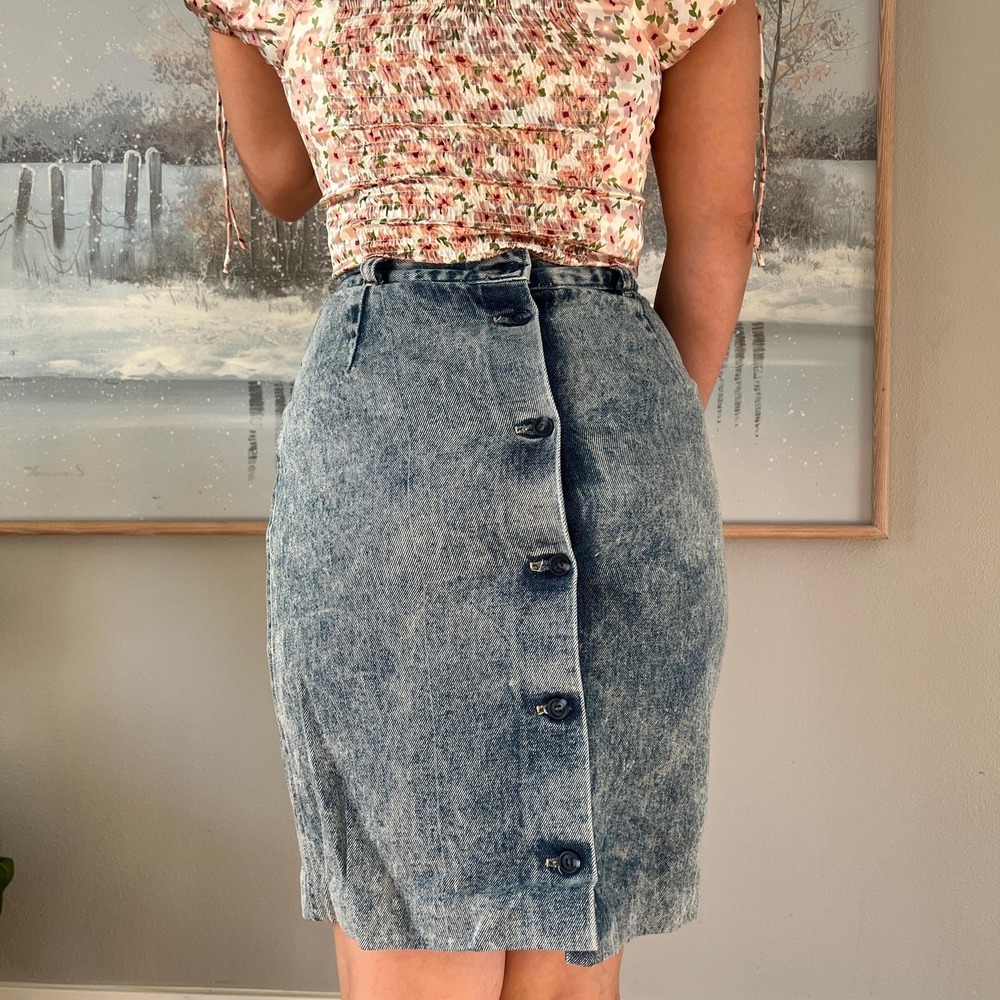 Vintage Acid Wash Denim Skirt High Waist Fitted Button Front 80s 90s Midi small